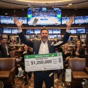How to Improve Betting Scores Substantially: Key MLB Systems 2 A jubilant man holds up a large winning ticket worth $1,250,000 in a sports betting venue, surrounded by celebrating friends. Cash and confetti are falling around them, with sports games displayed on large screens in the background.